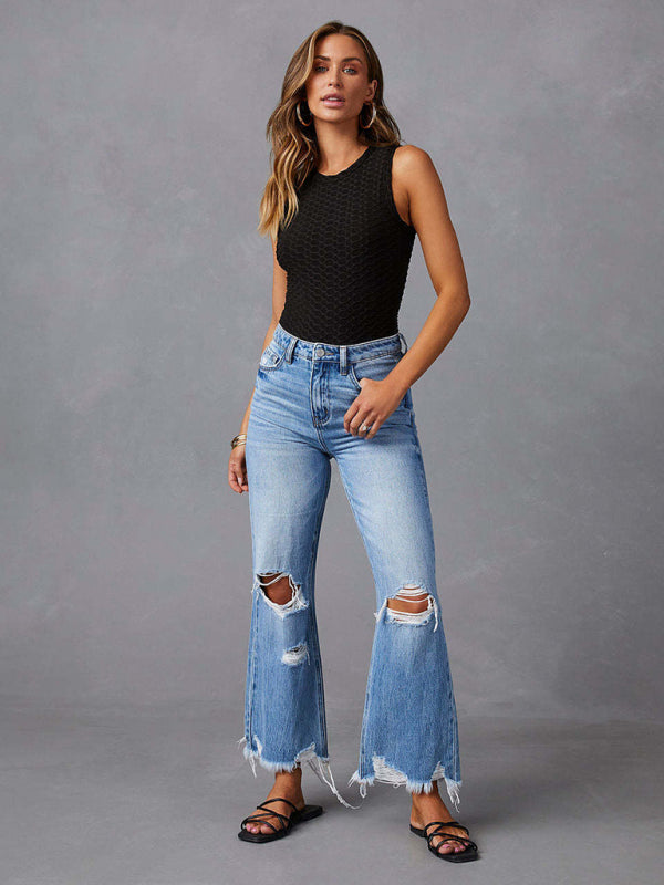 Tassel Washed Ripped Wide Leg Jeans