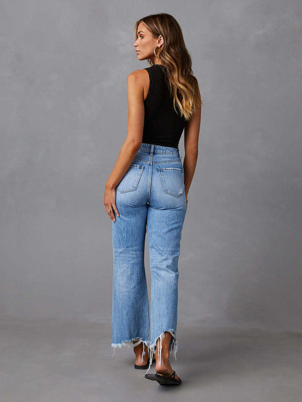 Tassel Washed Ripped Wide Leg Jeans