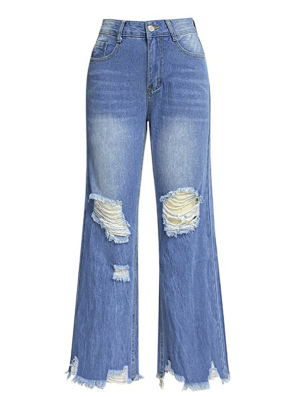 Tassel Washed Ripped Wide Leg Jeans