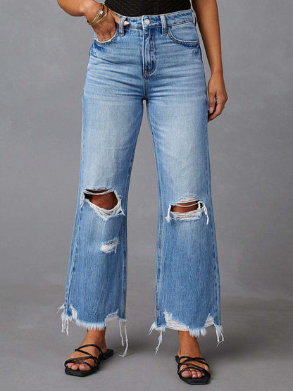 Tassel Washed Ripped Wide Leg Jeans