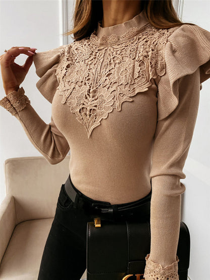 Long-sleeve Mock Neck Lace Bottoming Knitted Top