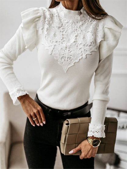 Long-sleeve Mock Neck Lace Bottoming Knitted Top