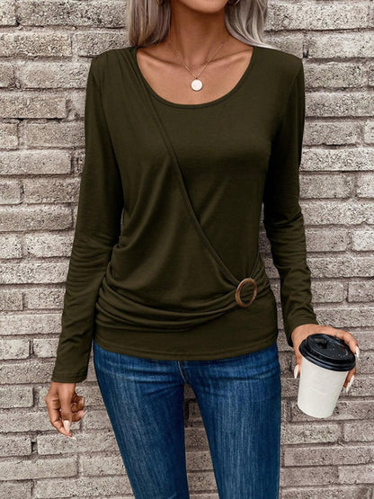 Round Neck Buckle Pleated Waist Fashionable Top