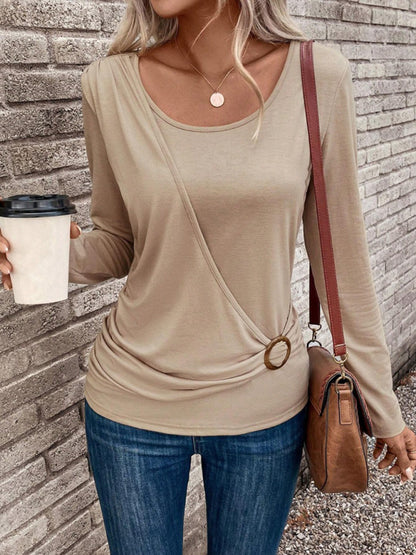 Round Neck Buckle Pleated Waist Fashionable Top