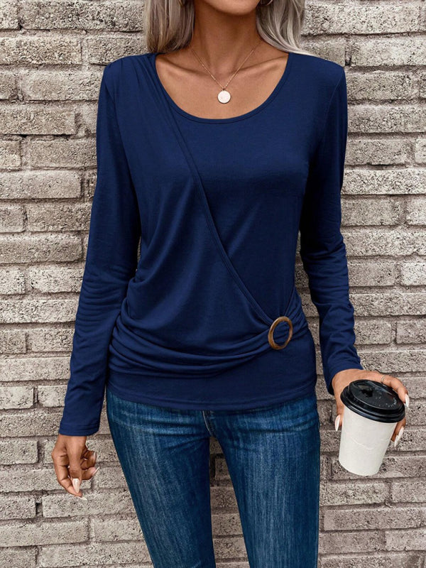 Round Neck Buckle Pleated Waist Fashionable Top