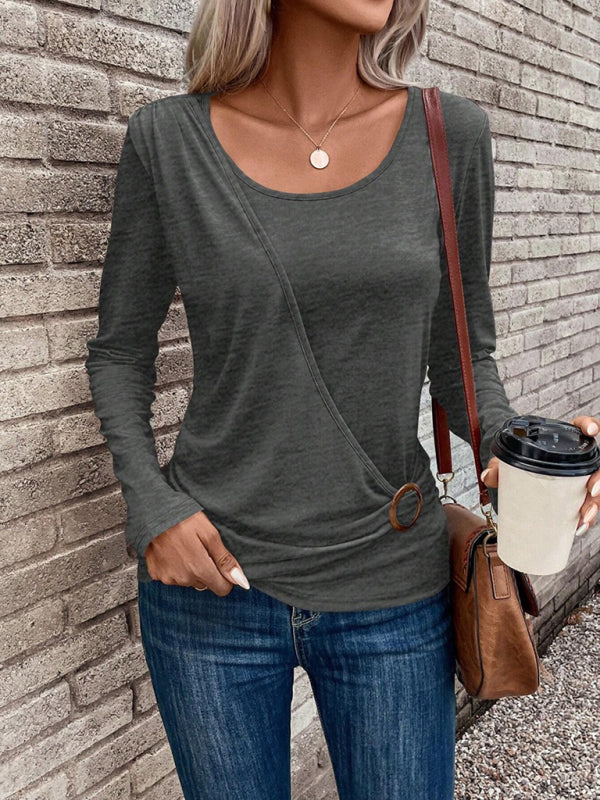 Round Neck Buckle Pleated Waist Fashionable Top