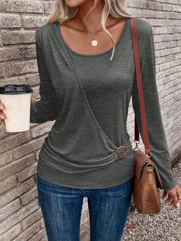 Round Neck Buckle Pleated Waist Fashionable Top