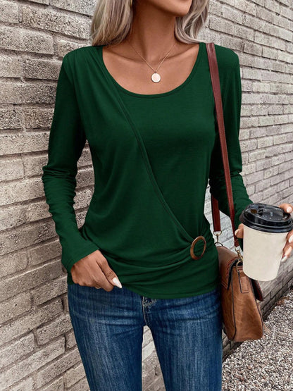 Round Neck Buckle Pleated Waist Fashionable Top