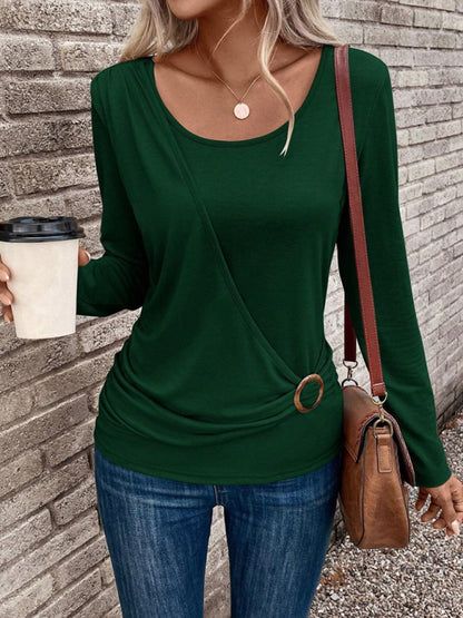 Round Neck Buckle Pleated Waist Fashionable Top