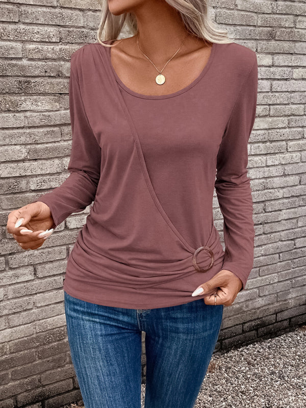 Round Neck Buckle Pleated Waist Fashionable Top