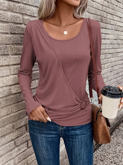 Round Neck Buckle Pleated Waist Fashionable Top