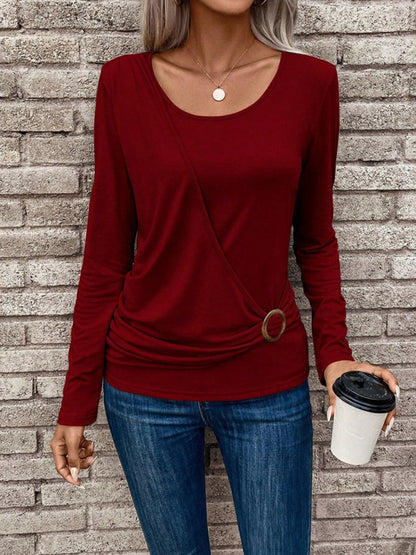 Round Neck Buckle Pleated Waist Fashionable Top