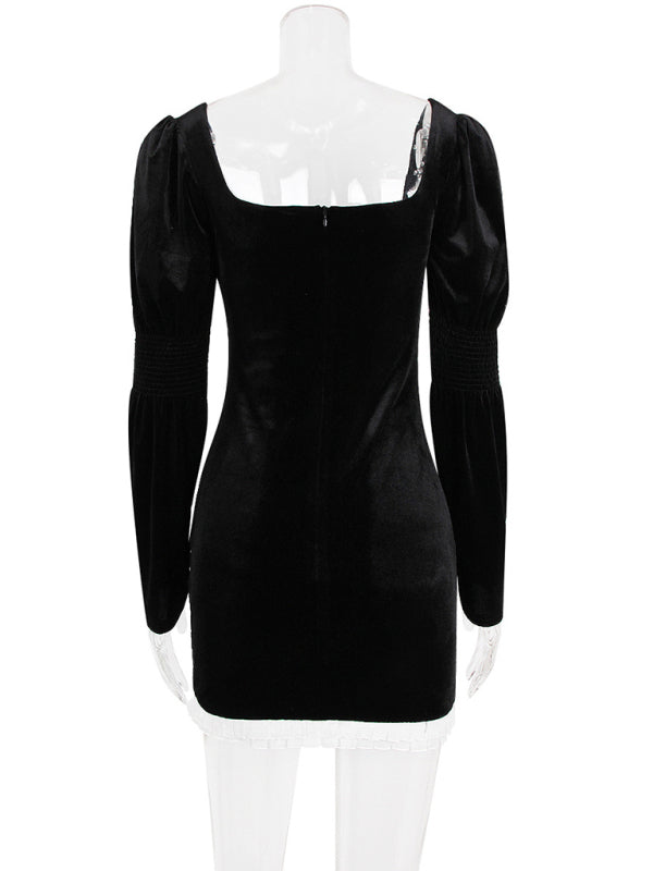 Long-sleeved Square-neck Black Velvet Hip-hugging Party Dress