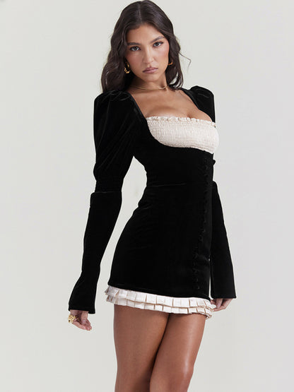 Long-sleeved Square-neck Black Velvet Hip-hugging Party Dress