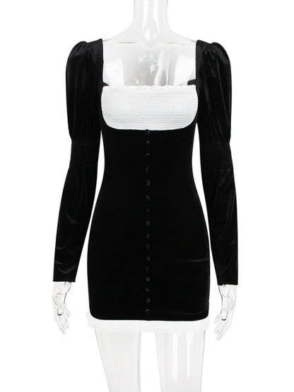 Long-sleeved Square-neck Black Velvet Hip-hugging Party Dress