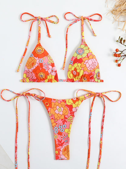 Floral Print High-Waisted Strappy Bikini Swimsuit