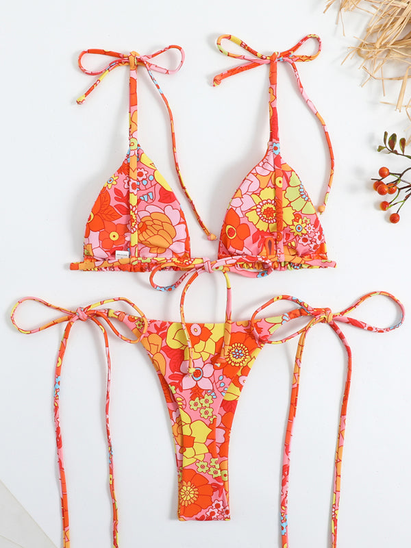 Floral Print High-Waisted Strappy Bikini Swimsuit