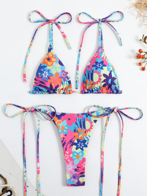 Floral Print High-Waisted Strappy Bikini Swimsuit