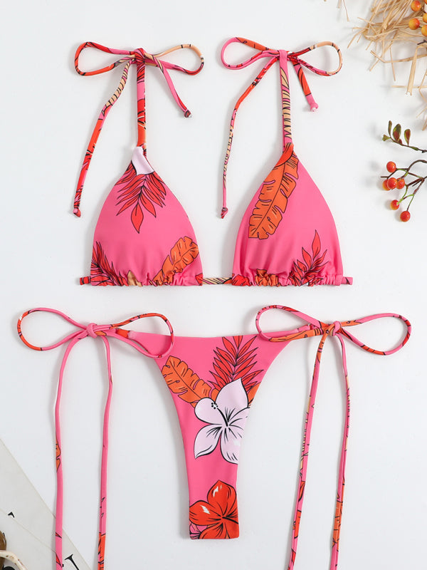 Floral Print High-Waisted Strappy Bikini Swimsuit