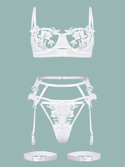 Embroidered Flower Hollow Sexy Webbing Underwire Lingerie Set