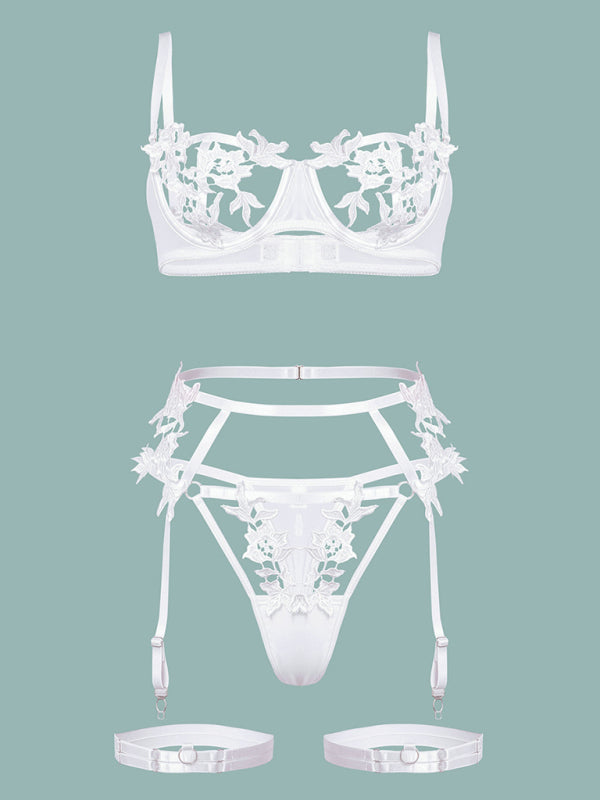 Embroidered Flower Hollow Sexy Webbing Underwire Lingerie Set