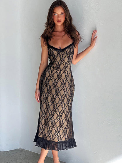 Lace Detailed Chest Bow Sling Maxi Dress