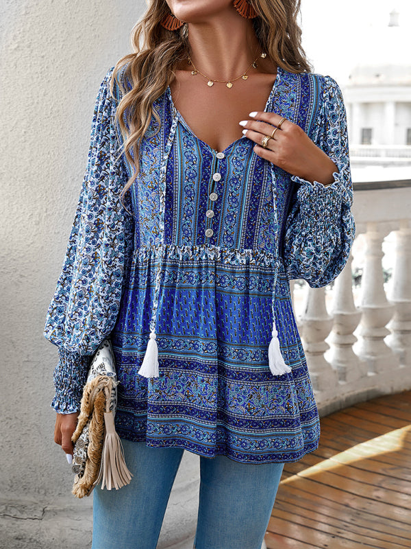 Positioning Printed Button Bohemian Top