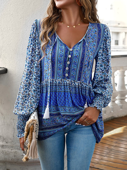 Positioning Printed Button Bohemian Top