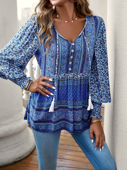 Positioning Printed Button Bohemian Top