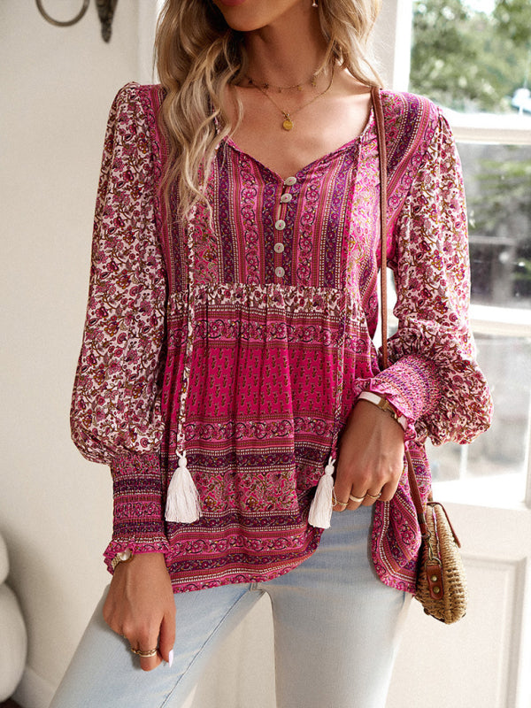 Positioning Printed Button Bohemian Top