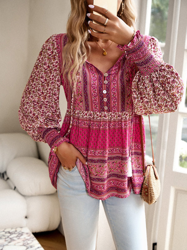 Positioning Printed Button Bohemian Top