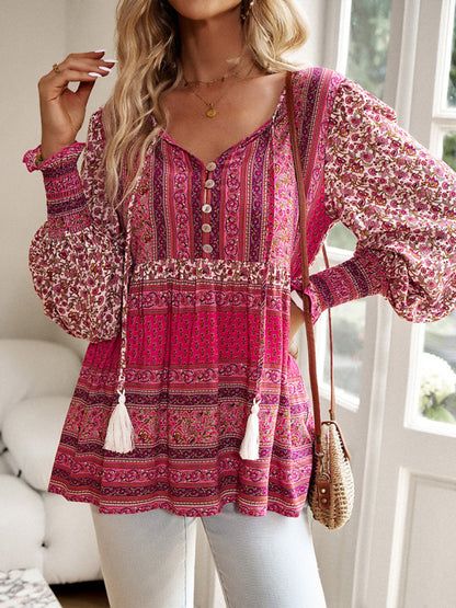 Positioning Printed Button Bohemian Top