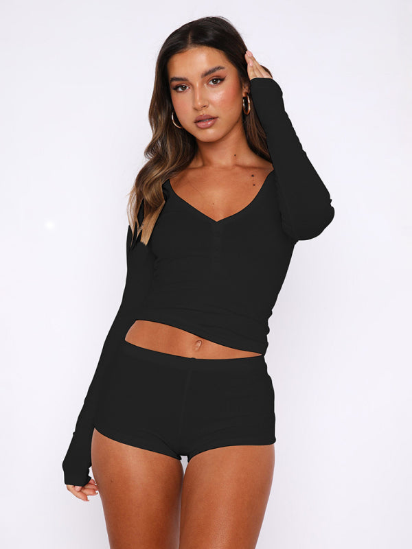 Knitted Long-sleeved Shorts 2-piece Set