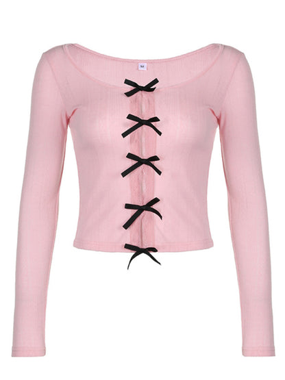 Casual Bow Lace-up Hollow Slim-fit Long-sleeved Top