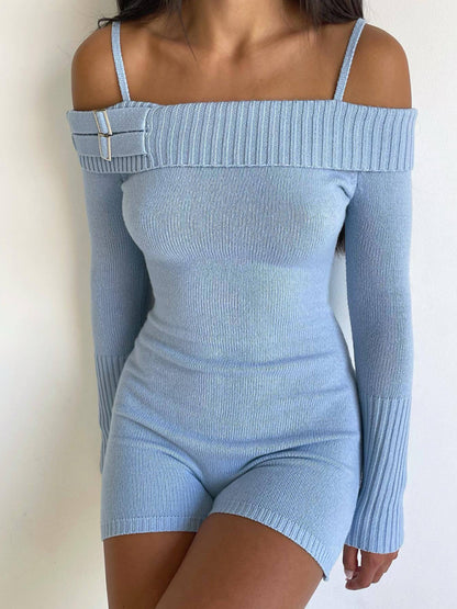 Off-shoulder Halter Slim-fitting Knitted Romper