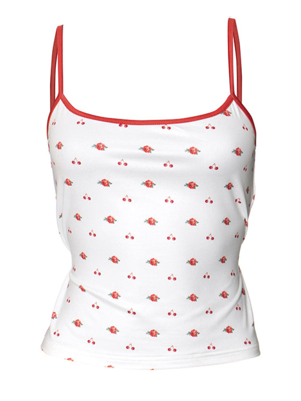 Contrast Color Cherry Flower Print Camisole Cropped Top