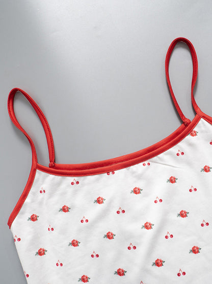 Contrast Color Cherry Flower Print Camisole Cropped Top