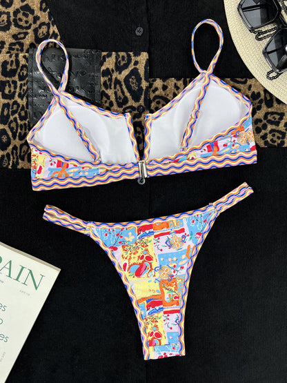 V-neck Colorful-edge Ethnic Print Split Strap Bikini Swimsuit