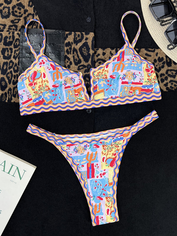 V-neck Colorful-edge Ethnic Print Split Strap Bikini Swimsuit