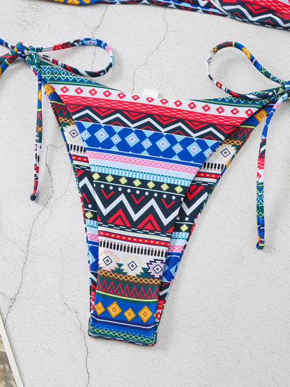 Halter Neck Lace-up Adjustable Briefs Printed Multi-color Split Bikini