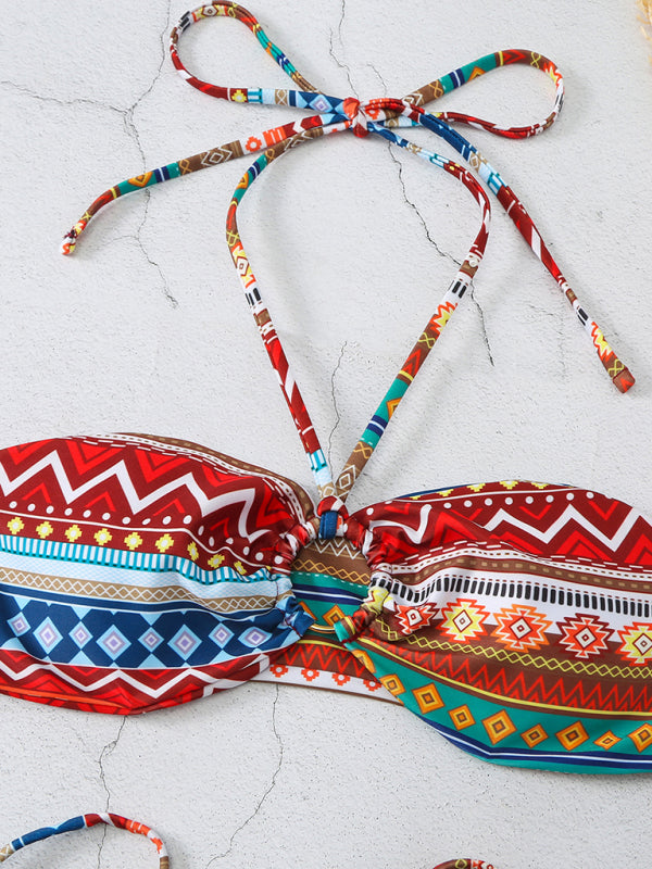 Halter Neck Lace-up Adjustable Briefs Printed Multi-color Split Bikini