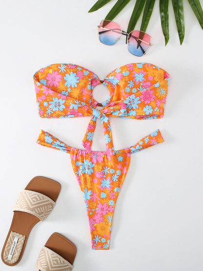 Floral Plaid Full Body Print Bandeau Bikini