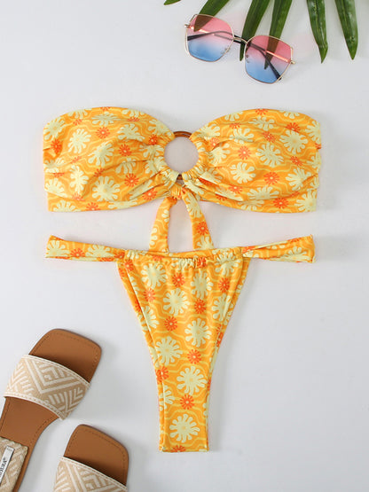 Floral Plaid Full Body Print Bandeau Bikini