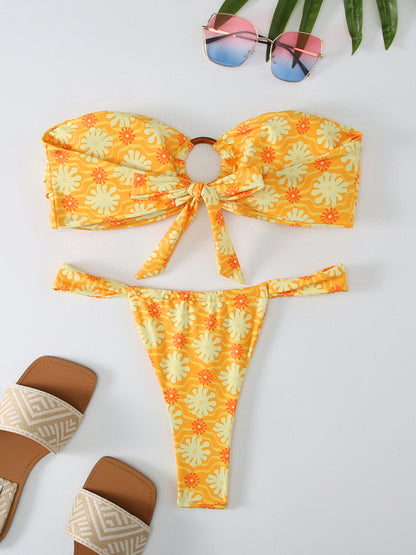 Floral Plaid Full Body Print Bandeau Bikini