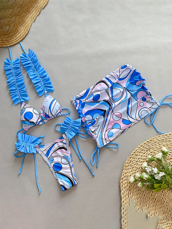 Printed Three-piece Ruffled Edge Split Bikini Swimsuit