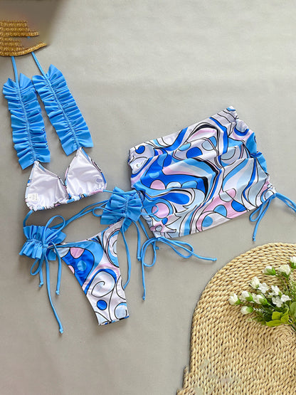 Printed Three-piece Ruffled Edge Split Bikini Swimsuit