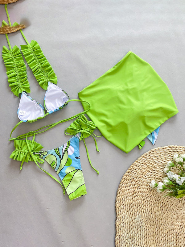 Printed Three-piece Ruffled Edge Split Bikini Swimsuit