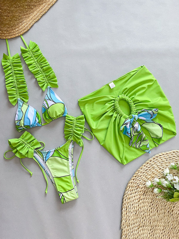 Printed Three-piece Ruffled Edge Split Bikini Swimsuit