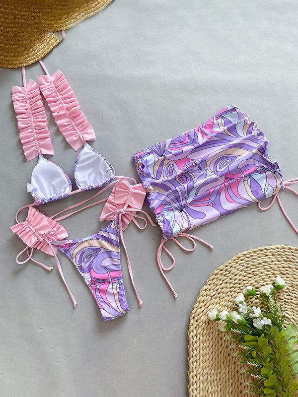 Printed Three-piece Ruffled Edge Split Bikini Swimsuit