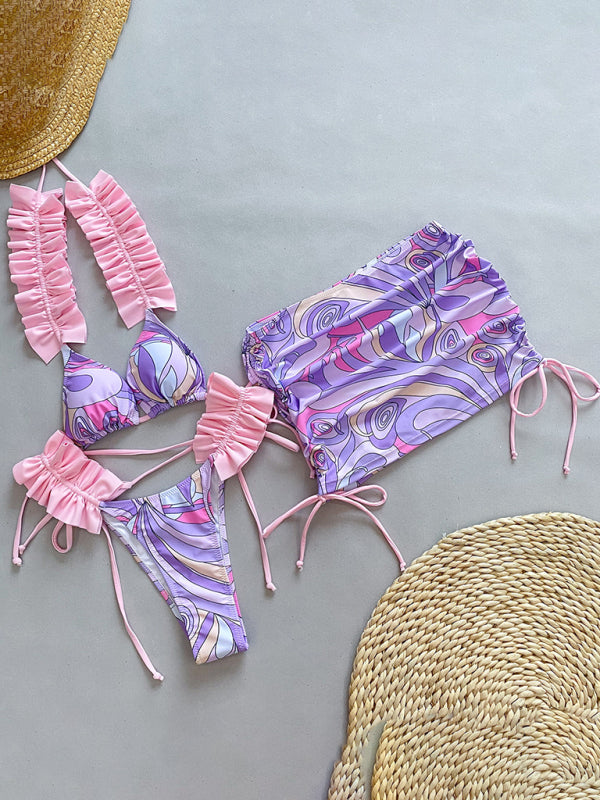 Printed Three-piece Ruffled Edge Split Bikini Swimsuit